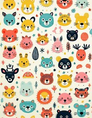 Colorido dibujo de dibujos animados con animales del bosque lindos y caras soleadas en un fondo ligero