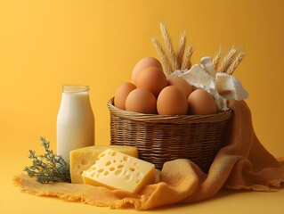 A oak basket with eggs, milk, and cheese on a pastel yellow background
