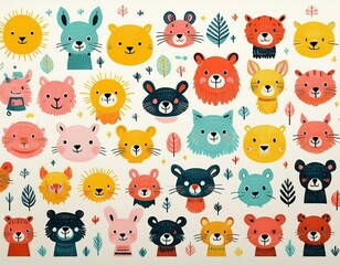 Colorido dibujo de dibujos animados con animales del bosque lindos y caras soleadas en un fondo ligero