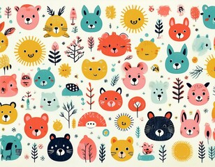 Obraz premium Colorido dibujo de dibujos animados con animales del bosque lindos y caras soleadas en un fondo ligero