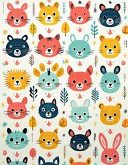 Colorido dibujo de dibujos animados con animales del bosque lindos y caras soleadas en un fondo ligero