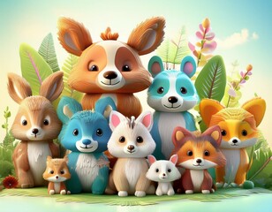 Naklejka premium Colorido dibujo de dibujos animados con animales del bosque lindos y caras soleadas en un fondo ligero