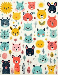 Obraz premium Colorido dibujo de dibujos animados con animales del bosque lindos y caras soleadas en un fondo ligero