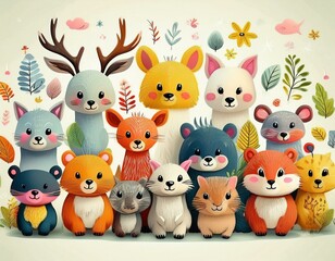 Naklejka premium Colorido dibujo de dibujos animados con animales del bosque lindos y caras soleadas en un fondo ligero
