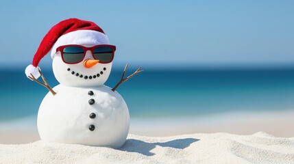 A playful snowman wearing sunglasses and a Santa hat sits on a sandy beach, blending winter and summer vibes against a turquoise ocean backdrop.