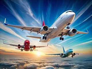 Fototapeta premium Isolated Airplane in Flight, Sky Background, Candid Aerial View, Commercial Jet, Air Travel