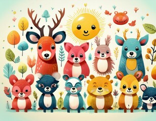 Naklejka premium Colorido dibujo de dibujos animados con animales del bosque lindos y caras soleadas en un fondo ligero