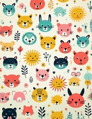 Obraz premium Colorido dibujo de dibujos animados con animales del bosque lindos y caras soleadas en un fondo ligero