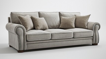 Fototapeta premium Light gray sofa with beige pillows in a studio setting