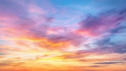 Fototapeta premium A stunning sunset sky filled with vibrant hues of orange, pink, and blue, creating a serene and picturesque atmosphere.