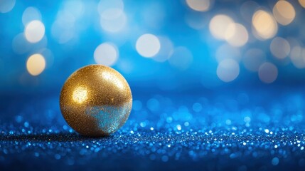 Golden glittering ball on a blue sparkling background creating a festive atmosphere for...