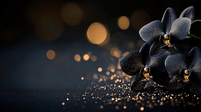 Black orchids glitter bokeh dark background luxury