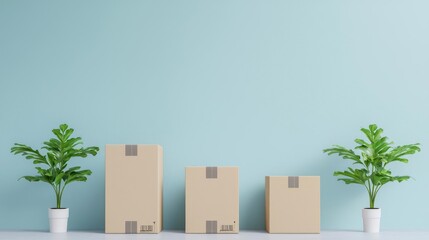 Three Cardboard Boxes And Potted Plants Against Pastel Blue Wall