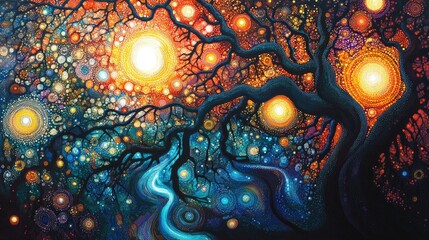 Symbolic dot-art scene featuring trees growing in a swirling cosmic river, with bright suns illuminating the vibrant natural landscape.