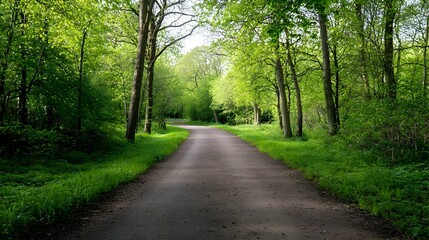 Fototapeta premium Sunlit Path Through Lush Green Forest