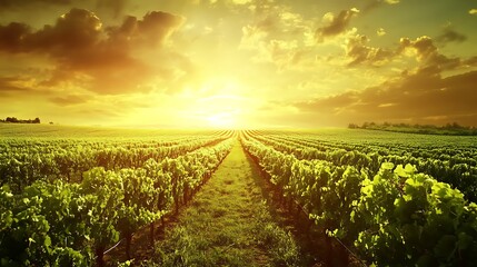 Naklejka premium Vineyard Rows at Sunset Golden Hour Landscape