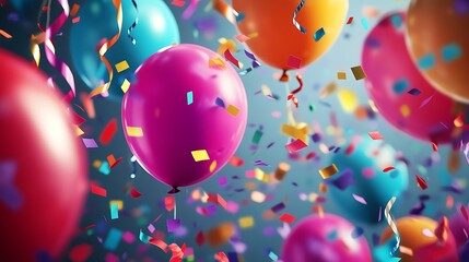 Colorful birthday decorations with bright streamers, confetti, and party balloons.