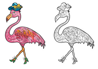 Coloring Page For Kids, Coloring, Birds Of The Forest, Cute Cartoon Flamingo