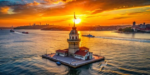 Istanbul Maiden's Tower Sunset Drone Photography: Iconic Bosporus Landmark