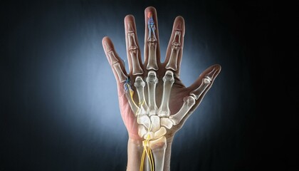 신경이 손목터널에서 압박받는 모습을 강조한 해부학적 일러스트