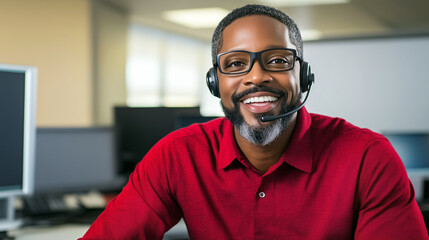African male adult customer service representative smiling in office
