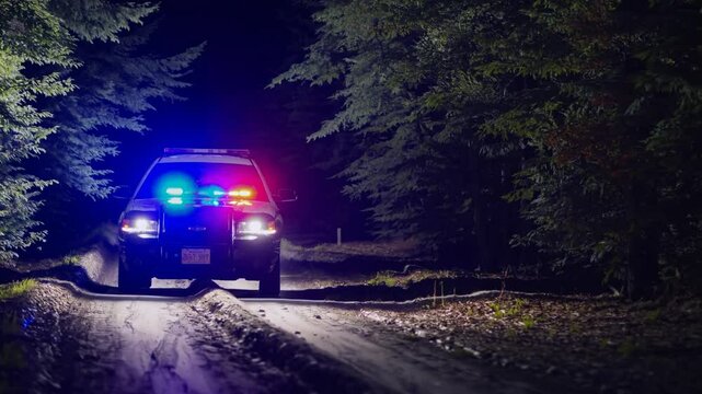 Slow Motion Shot of an American Police Car with Flashing Lights Patrolling in the Middle of the Forest at Night &ndash; Red and Blue Lights Illuminating the Dark Trees, Mysterious Fog Rolling Through