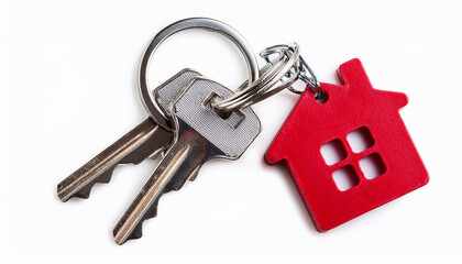 house keys with red house shaped keychain isolated on transparent