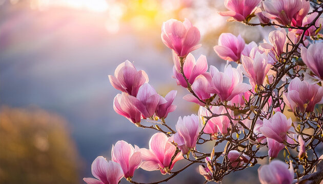 magnolia pink flowers on flowering magnolia tree background