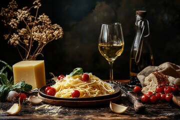 A delicious plate of pasta with cherry tomatoes and parmesan cheese.
