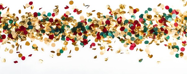 Confetti in shades of gold, red, and green flying through the air on white.