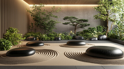 Tranquil Japanese Zen Garden with Raked Sand Patterns and Smooth Black Stones – Minimalist and Peaceful Aesthetic Wallpaper