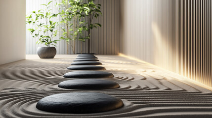 Tranquil Japanese Zen Garden with Raked Sand Patterns and Smooth Black Stones – Minimalist and Peaceful Aesthetic Wallpaper