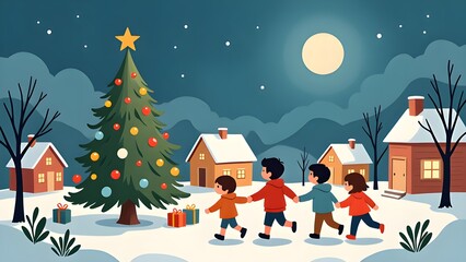 Fototapeta premium Children's Holiday Adventure on a Snowy Night