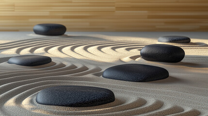 Tranquil Japanese Zen Garden with Raked Sand Patterns and Smooth Black Stones – Minimalist and Peaceful Aesthetic Wallpaper