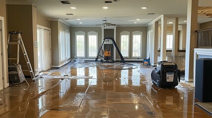 Flood Cleanup In Home. Emergency Water Extraction In Flooded Living Room. Water Damage Restoration.