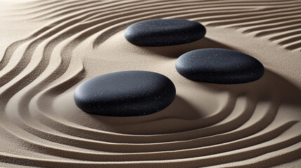 Tranquil Japanese Zen Garden with Raked Sand Patterns and Smooth Black Stones – Minimalist and Peaceful Aesthetic Wallpaper