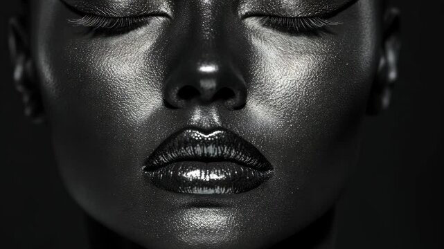 Bold artistic portrait showcasing deep black makeup on a model with striking features in a dramatic lighting setup