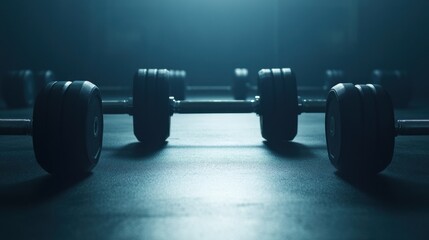 Fototapeta premium Dramatic Dumbbell Arrangement on Gym Floor with Atmospheric Lighting
