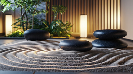Tranquil Japanese Zen Garden with Raked Sand Patterns and Smooth Black Stones – Minimalist and Peaceful Aesthetic Wallpaper