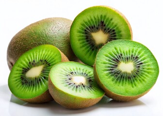 Fototapeta premium Juicy Kiwi Fruit Slices and Whole Fruits Isolated on White Background - Fresh Summer Produce Stock Photo