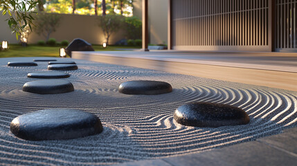 Tranquil Japanese Zen Garden with Raked Sand Patterns and Smooth Black Stones – Minimalist and Peaceful Aesthetic Wallpaper