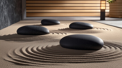 Tranquil Japanese Zen Garden with Raked Sand Patterns and Smooth Black Stones – Minimalist and Peaceful Aesthetic Wallpaper