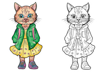 Coloring Page For Kids, Coloring, Pets And Birds, Cute Cartoon Cat