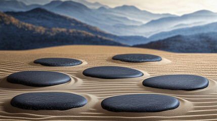 Tranquil Japanese Zen Garden with Raked Sand Patterns and Smooth Black Stones – Minimalist and Peaceful Aesthetic Wallpaper