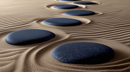 Tranquil Japanese Zen Garden with Raked Sand Patterns and Smooth Black Stones – Minimalist and Peaceful Aesthetic Wallpaper