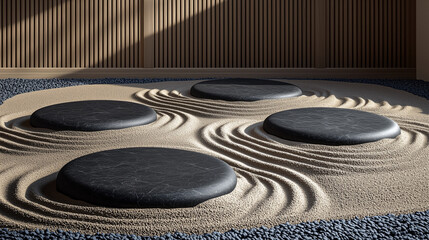 Tranquil Japanese Zen Garden with Raked Sand Patterns and Smooth Black Stones – Minimalist and Peaceful Aesthetic Wallpaper