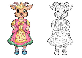 Coloring Page For Kids, Coloring, Pets And Birds, Cute Cartoon Goat