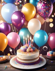 Fiesta de Cumpleaños con Globos y un Pastel – Celebración y Alegría