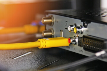 Fototapeta premium Connection of electrical modules using insulated copper electrical wires. Close-up. Soft focus.