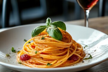 A plate of spaghetti with tomato sauce and basil.